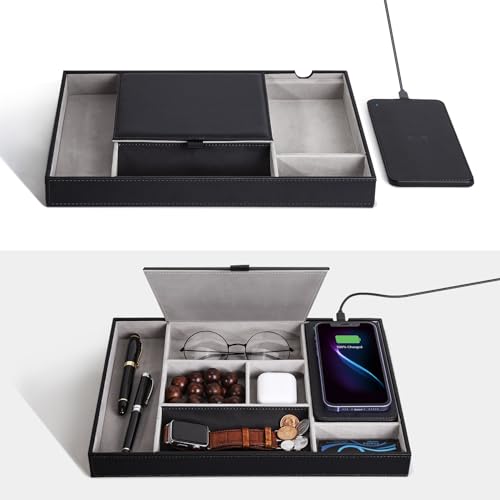 Valet Tray, Nightstand Organizer with Wireless Charger Pad for iPhone 16/15/14/13/12/11 Series, Valet Charging Station, Faux Leather Valet Tray for Men and Women
