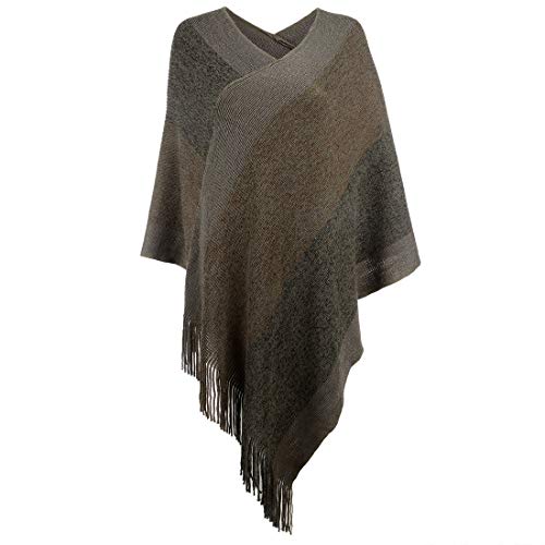 Image of Women's Elegant Knitted Shawl Poncho with Fringed V-Neck Striped Sweater Pullover Cape Gifts for Women Mom