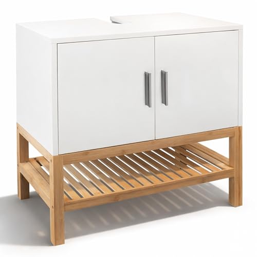 osoltus Unterschrank Waschbeckenunterschrank Osaka Bambus/weiß Badezimmer 60 x 60 x 33 cm