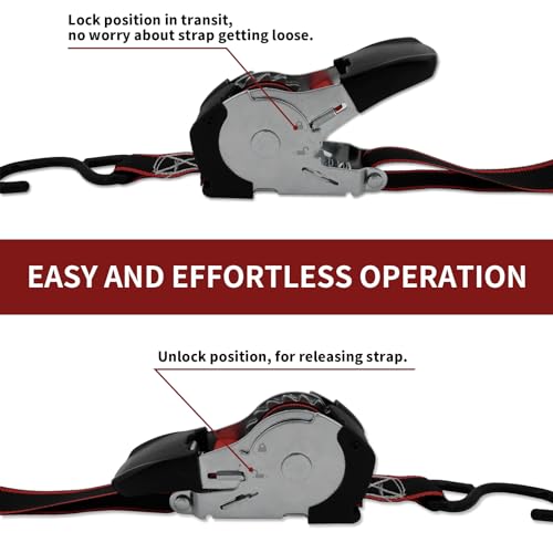 Lekarf Ratchet Straps, Retractable Ratchet Tie Down, 2PC Pack 1” x 12' with Breaking Load of 1200Lbs, 2 Loop Straps and Storage Bag for Motorcycle, ATVs, Boats, Hauling, Cargo Secure by Generic - Used condition - Image 4