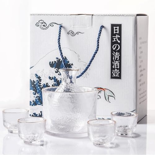 OULOVECO 【6点セット】冷酒器セット 酒器 日本酒 ガラス 槌紋模様 燗器 480ML + コ利 260ML + おちょこ 4 個 冷酒・温酒両用 日本酒 グラス 贈り物 ギフト 引っ越し お祝い 来客 父の日 母の日 結婚祝い 敬老の日