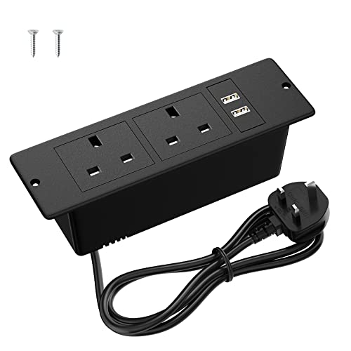 Recessed Power Outlet with 2 USB, Ohuo Recessed Power Strip with USB, Desktop Power Sokcet 2 Outlets Black with 2 Screws