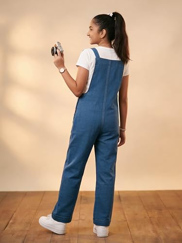 Image of KiddoPanti Girls Denim Dungaree Pant | Cotton Blend Stretch Jumpsuit | Single Front Pocket | Stylish Casual Kids Dungaree | Comfortable Everyday Wear 1-14 Years