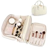 Travel Makeup Bag for Women Fashion Large Capacity Pouch Open Flat Cosmetic Portable Organizer Waterproof Large Opening Storage Toiletry Bags Vertical Free-Standing Brush Holder for Easy Access Beige