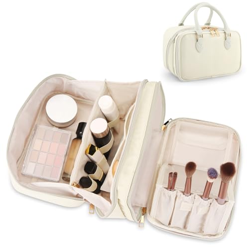 Travel Makeup Bag for Women Fashion Large Capacity Pouch Open Flat Cosmetic Portable Organizer Waterproof Large Opening Storage Toiletry Bags Vertical Free-Standing Brush Holder for Easy Access Beige