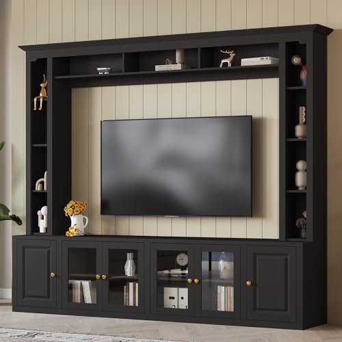 Merax Modern 4 Piece Entertainment Wall Unit with Bookshelf for Televisions Up to 80'', Wood Inch Large Entertainment Center w/Storage, TV Cabinets for Living Room, Black