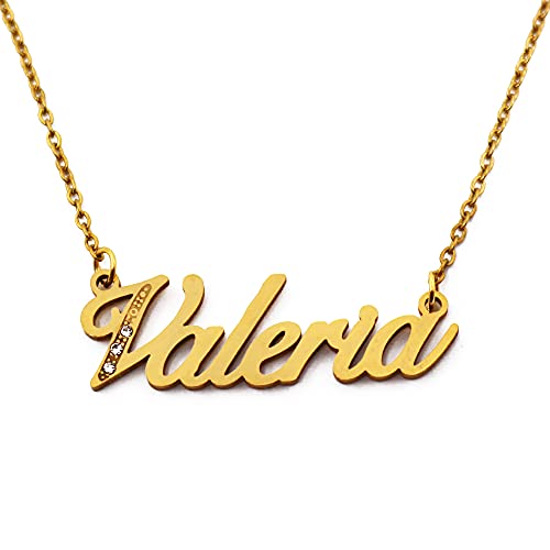 Kigu Collar con nombre Valeria – tono dorado – Collar con nombre personalizado – Joyería personalizada para mujer – Joyería personalizada para niñas – Colgante personalizado Valeria, Oro, Circonia