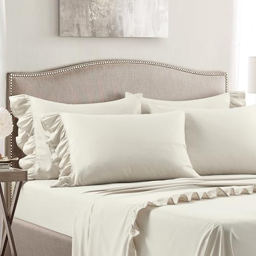 Image of Lush Decor Reyna Ruffle Sheet Set 6 Piece Set Queen, Wheat -Queen Sheets - Beige Bed Sheets - Queen Size Bed Sheet Set - Coquette Bedroom Decor