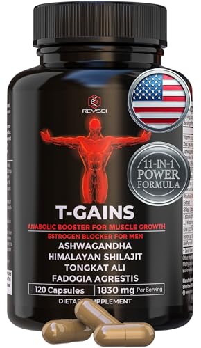 T-GAINS Testosterone Booster for Men for Muscle Growth (120 Caps) - Boosts Endurance, Strength, & Energy - Testosterone Supplement for Men, TRT Test Booster & Estrogen Blocker - HGH Supplements