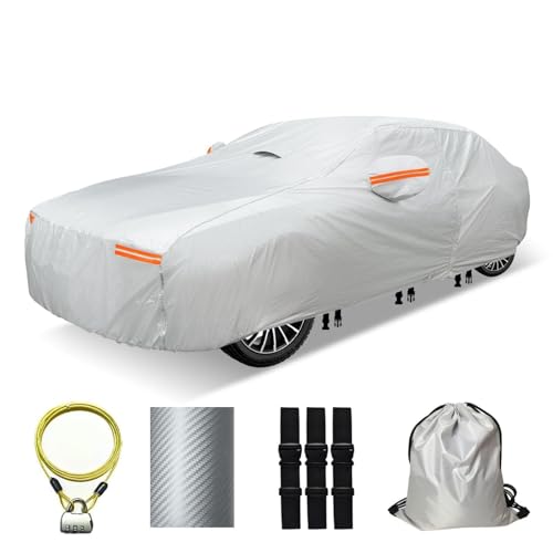 30 Layers Heavy Duty Car Cover for Automobiles All Weather Waterproof, Outdoor Snowproof UV Protection Windproof, Door Zipper, Soft Cotton Universal Car Covers (Silver, Fit Sedans 171"-180")