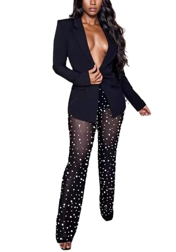 Vakkest Womens 2 Piece Outfits Suits Sheer Mesh Bead Pants and Long Sleeve Business Casual Office Work Blazer Sets