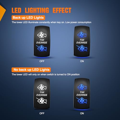 Image of Nilight Fan Override Rocker Switch Led Light Bar 5 Pin Laser On Off | SPST Switches 20A /12V 10A /24V Blue with Jumper Wires Set for Cars Trucks Boats ATVs UTVs RVs