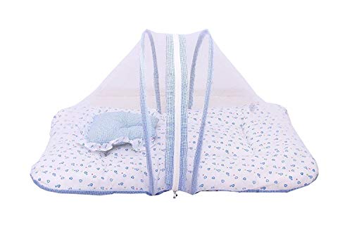 Image of Infantbond Baby Cotton Mattress with Net Bedding Set with Pillow (Blue, 0-6 Months)