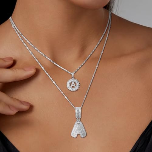 Initial Letter Necklace for Women 14k White Gold Silver Plated Dainty Necklaces Trendy Chunky Custom Layered Necklace Set Personalized Round Circle Zirconia A-Z Letter Chain Pendant Jewelry Gift2