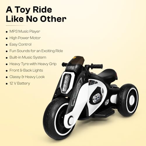 Image of Toyzone Rambo Electric Bike - White | 12V Rechargeable Bike for Kids with 4.5Ah Battery | LED Lights, Music, MP3| Smooth Acceleration | 6M Battery Warranty | for Big Kids Age 4-12 Years, Up to 35kg