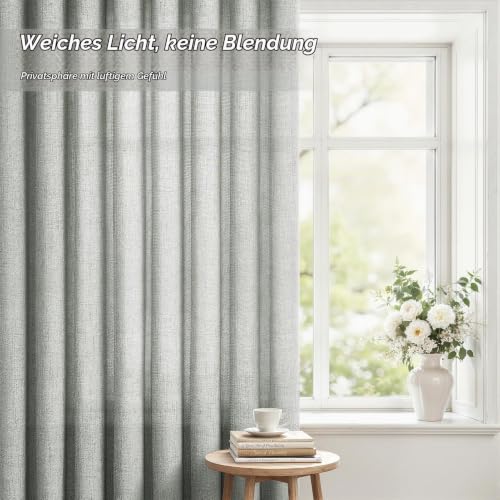 CUTEWIND Leinenoptik Gardinen mit Ösen 2er Set Graugrün, Vorhang Halbtransparent und Lichtdurchlässig… – Ansicht 4