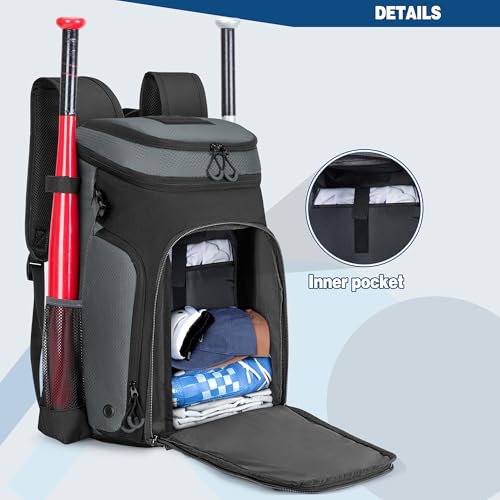 Smasrob Baseball Bag for Adult and Youth, Baseball Backpack Softball Bag with Helmet Holder, Shoe Compartment and Fence Hook, Gray