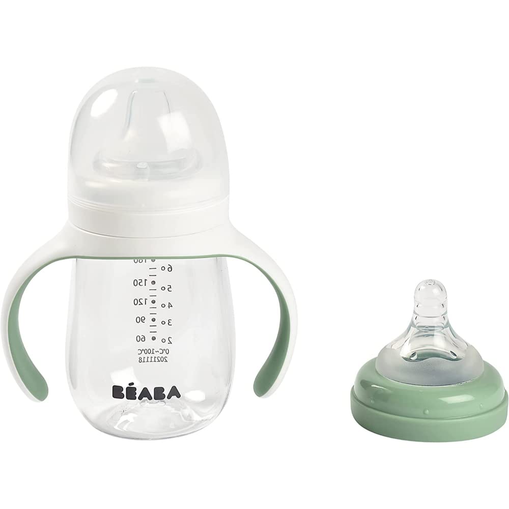 BÉABA, Biberon/Tasse d'apprentissage 2 en 1, Tasse Paille Enfant, 100% étanche, Anti-fuite, Facile à Ouvrir, Poignées amovibles, Tritan et Silicone, 210 ml, Vert sauge