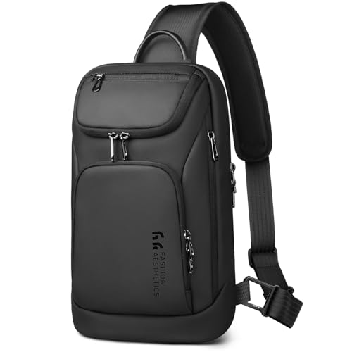 hk Sling Bag for Man, Waterproof Utility Crossbody Bag with Anti-theft Pocket for Men, Sling Backpack for Daily Commute, Work, College, 14 * 7.8 * 4.5 inches，Black
