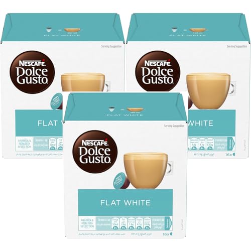 Image of NESCAFE Dolce Gusto Flat White Coffee Capsules (Pack of 3) - 16 Pods (187.2g) Box Each - Smooth & Creamy Coffee with Milk, Arabica & Robusta Blend, Cafe-Style Flat White, Compatible with Dolce Gusto Machines, By Cougar - (IMPORTED-UK)
