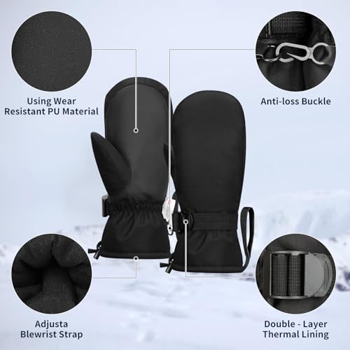 Ski Mittens,Waterproof Snow Mittens, Windproof Touchscreen Winter Gloves with Anti-Loss Rope, Cold Weather Gear for Parent Child with Wrist Strap by Odtmger - Used condition - Image 4