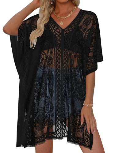 Beach Coverups for Women Lace Kimono Bikini Cover Up Elegant Swimsuits Beachwear for Holiday(Black)