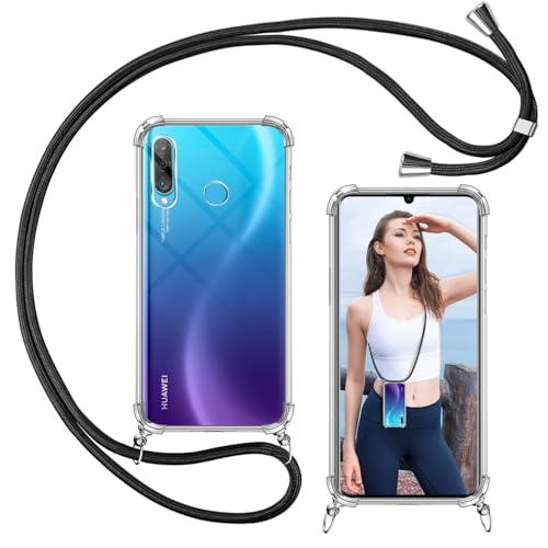 ISOI   Funda Cuerda para Huawei P30 Lite, Colgante Collar Correa de Cuello Cadena, Carcasa Transparente Cordón Suave TPU Silicona, Parachoques de Airbag a Prueba de Golpes  Negro