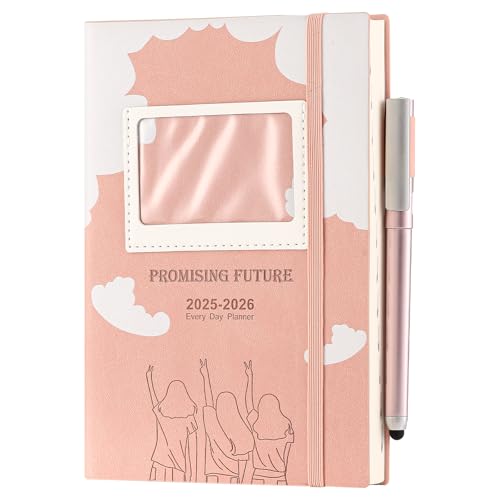 Mljtoyo Planificador Diario 2025-2026,Julio 2025 Junio 2026 Página al día, Cubierta Rosa con Diseño de Nubes, Agenda con Bolsillo Frontal,Pink