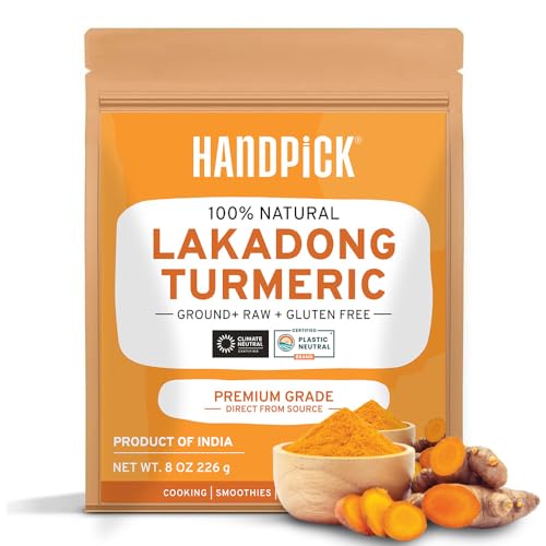 HANDPICK Lakadong High Curcumin Turmeric Powder (226g/ 8oz) Non GMO, Gluten Free, 100% Raw, Sourced from India, High Curcumin, Premium Quality, Packed in Resealable Ziplock Pouch