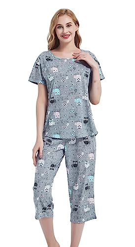 Image of CHUNG Women Cotton Pajama Sets Sleepwear pjs Short Sleeve Shirt Capri Length Crop Pants Cute Vivid Print