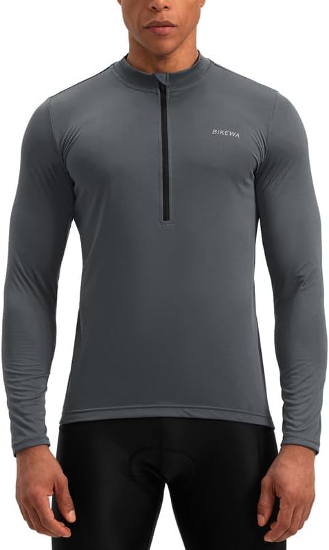 Bikewa Men's Cycling Jersey with 3+1 Rear Zipper Pockets Long Sleeve Moisture Wicking UPF 50+ Half Zip Riding Bike Shirts