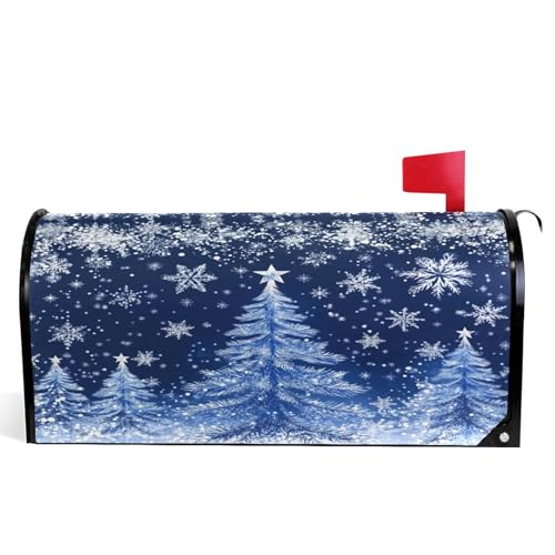 Image of Merry Christmas Tree Magnetic Mailbox Cover Large 21 X 25 in Winter Snowflake Snow Blue White Xmas Mail Box Covers Decals Wraps Post Box Outdoor Decorations