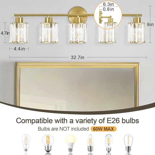Image of Modern Gold Crystal Bathroom Light Fixtures,5-Light