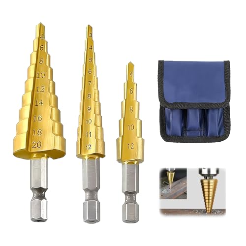 3PCS HSS Step Drill Bit for Metal,Titanium Coated Cone Cutter Drill Bit 3-12mm 4-12mm 4-20mm,Cone Drill Bit,Stepped Drill Bits for Sheet Metal Plastic Wood DIY Projects