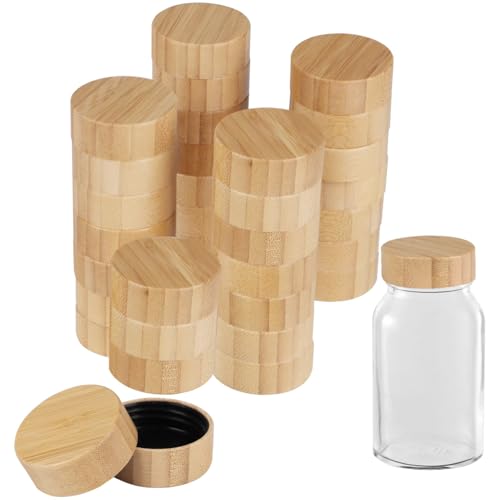 DIMEGON 32 Pcs Bamboo Jar Lids, Natural Bamboo Lids, Nice Sealing Wooden Storage Can Lids, Round Bottle Jar Lids, Reusable Leak-proof Lids for 4oz & 6oz Spice Jars (32)