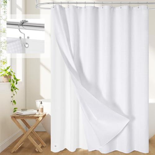 3 in 1 Shower Curtain Set, White Waffle Shower Curtain and PEVA Liner Set with 12 Double Sided Stainless Steel Shower Curtain Hooks, Waterproof Fabric Shower Curtains for Bathroom, 72 x 72