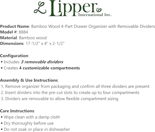 Image of Lipper International Bamboo Drawer Organizer with 3 Removable Dividers, Brown