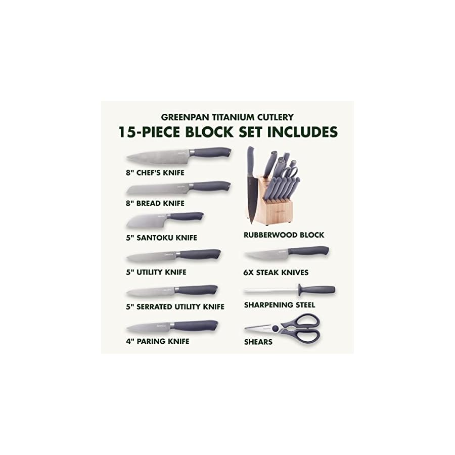 GreenPan-Titanium-15-Piece-Knife-Block-Set-Titanium-Coated-Stainless-Steel-Eco-friendly-Ergonomic-Grip-Slip-Resistant-Balanced-Heat-Treated-Hand-Sharpened-Dishwasher-Safe GreenPan Titanium 15-Piece Knife Block Set, Titanium Coated, Stainless Steel, Eco-friendly, Ergonomic Grip, Slip Resistant, Balanced, Heat Treated, Hand Sharpened, Dishwasher Safe