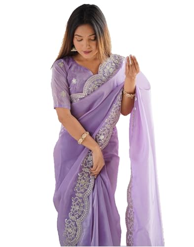Image of SIRIL Women's Tissue Silk Sequence Embroidery Border Saree With Unstitched Blouse Piece