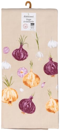 Image of Now Designs Aromatics Dishtowel, Watercolor Onions & Garlic Print, 100% Cotton, W18 x L28in