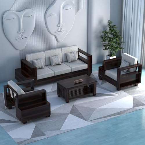 Image of ALATERRE HOME FURNITURE Sheesham Wooden 5 Seater Sofa for Living Room | Solid Wood Sofa with Side Box Storage & Cushion | Rosewood Sofa Set for Home & Office | Lounge (Walnut, 5 Seater)