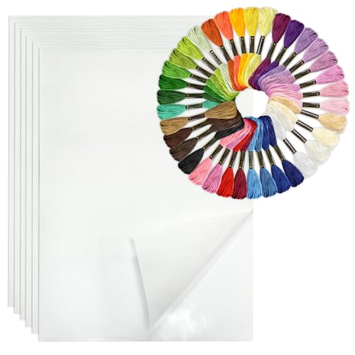 6PCS Water Soluble Embroidery Paper and 36 Color Threads Set, Printable Transfer Sheets, Stick and Stitch Embroidery Paper for DIY Projects and Creative Sewing