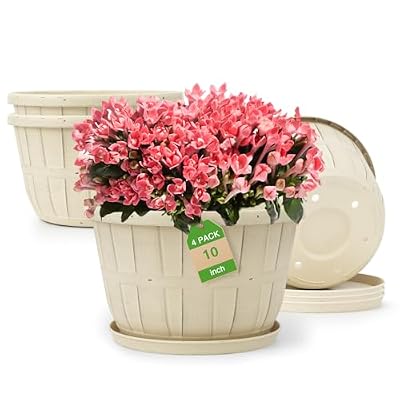 Quarut 10 inch Plastic Flower Pots for Indoor Plants?4 Pack Large Outdoor Planter Pot with Drainage Holes & Saucers?Imitation Wine Barrel Design?for Indoor Outdoor Garden Plants?Beige?