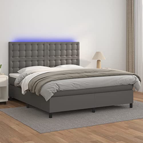 Vetnasa Cama Box Spring colchón y LED Cuero sintético Gris 180x200 cm Mobiliario, Camas y Accesorios, Camas y somieres Gris 83,34 KG