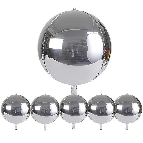 Acoavo 6pcs 15 Inch Silver 4D Balloons Foil Mylar Sphere 4D Round Balloons for Baby Shower, Gender Reveal, Wedding, Birthday or Engagement Party Decoration Supplies