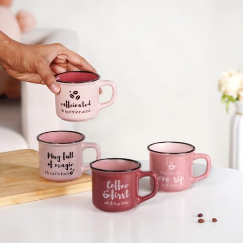 Image of Nestasia Ceramic Stackable Cups Set of 4 (170ml Each) - Quirky Quotes Tea & Coffee Cups with Glossy Finish | Microwave & Dishwasher Safe Mugs - Ideal for Gifting (Pink)