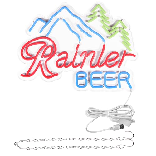 Image of Beer Neon Sign for Wall Decor Bar Led Neon Light Rainiier Beer Light up Sign for Man Cave Led Neon Sign for Bedroom,Bar,Pub,Bistro,Shop,Party,Gifts USB Powered Size16.1 * 11.5in(ZYLD180)