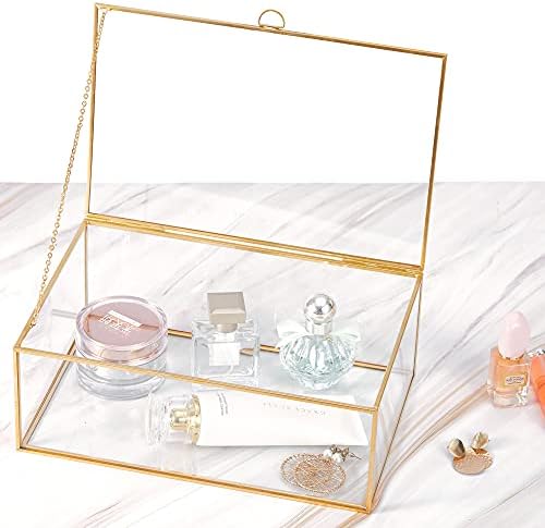 HCENJOC Golden Vintage Clear Glass Lidded Box Edge Bracelet Keepsake Decorative Jewelry Display Home Decor (10.8x7x4 in)