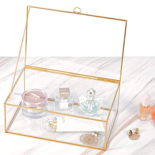 Hcenjoc Golden Vintage Clear Glass Lidded Box Edge Bracelet Keepsake Decorative Jewelry Display Home Decor (10.8X7X4 ​In) #TOP3