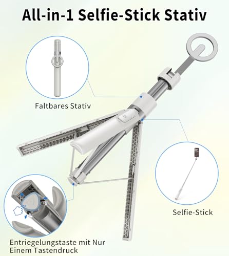 TONEOF 173cm Magnetisches Selfie Stick Stativ,Stark Magnetischer Aluminium Handyhalter, 360° Drehbarer, Einziehbares Reisestativ mit Metallring&Fernbedienung,Foto VideoKits für Handys-BeigeGrau